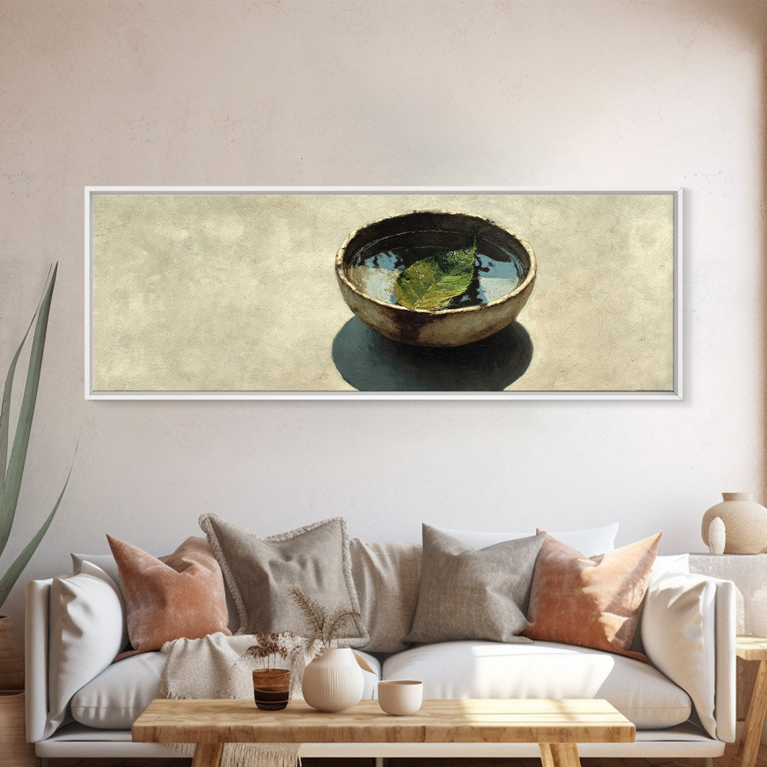 Rustic Bowl With Floating Leaf Canvas Print, Wabi Sabi Wall Art, Minimalist Still Life, Japandi Zen Home Decor, Neutral Kitchen Art Print