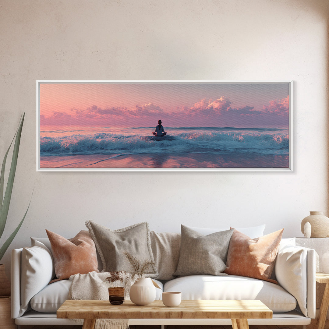 Peaceful Ocean Meditation Canvas Print, Pink Sunset Beach Wall Art, Coastal Yoga Decor, Seascape Art, Calming Bedroom Decor