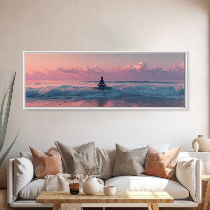 Peaceful Ocean Meditation Canvas Print, Pink Sunset Beach Wall Art, Coastal Yoga Decor, Seascape Art, Calming Bedroom Decor