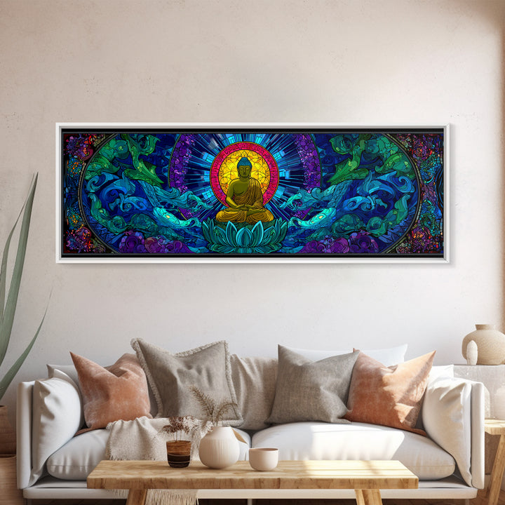 Stained Glass Buddha Ocean Wave Wall Art, Lotus Meditation Canvas Print, Colorful Zen Spiritual Yoga Room Home Decor Gift