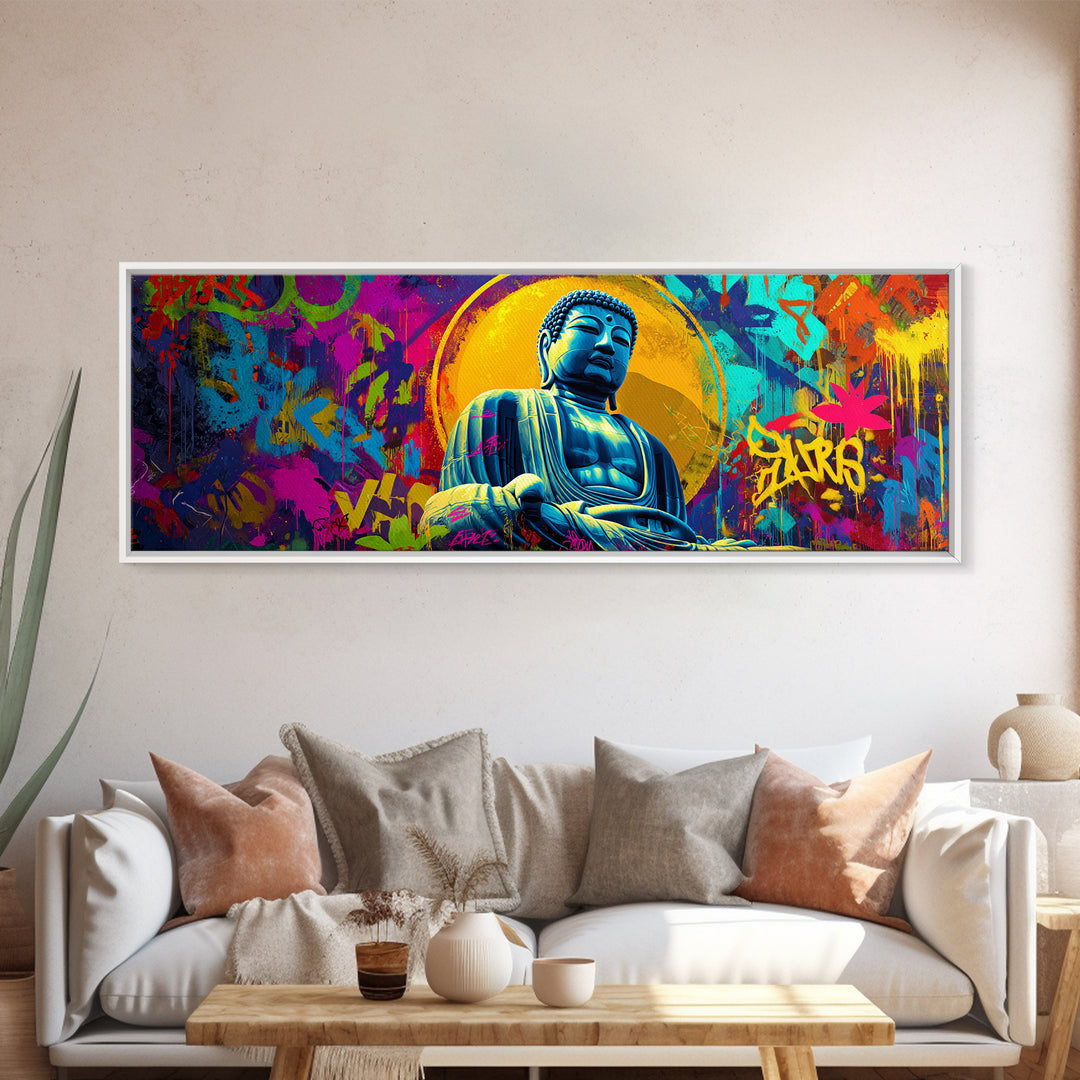 Colorful Graffiti Buddha Wall Art, Pop Art Meditation Decor, Vibrant Urban Street Art, Spiritual Yoga Room Framed Canvas Print