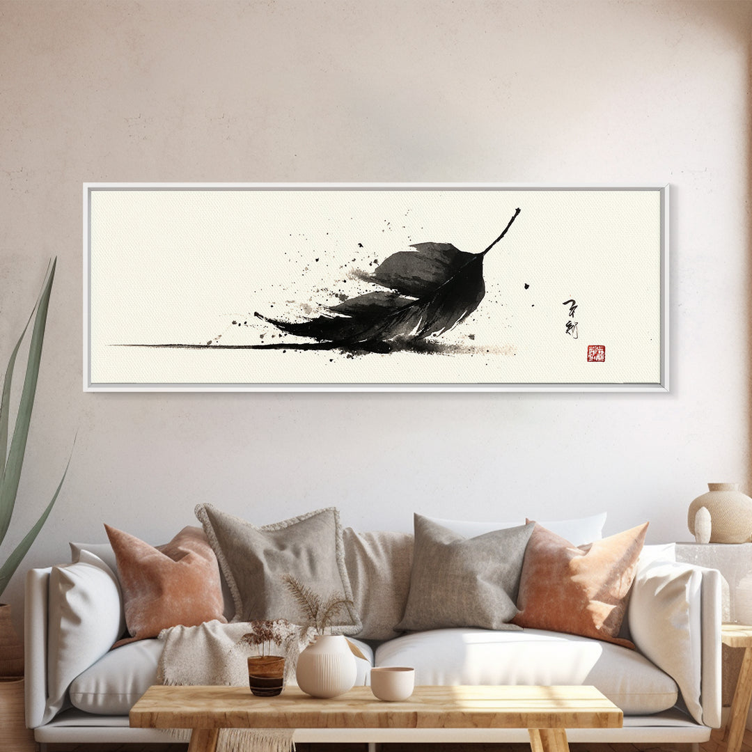 Black Ink Feather Japanese Sumi Wall Art, Minimalist Black And White Art Print, Zen Nature Decor For Office Or Bedroom Wall Decor