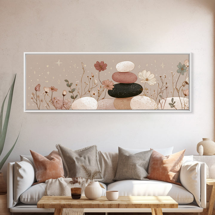 Stacked Zen Stones And Wildflowers Wall Art, Neutral Spa Canvas Print, Mindfulness Decor, Calming Boho Bathroom Art Gift