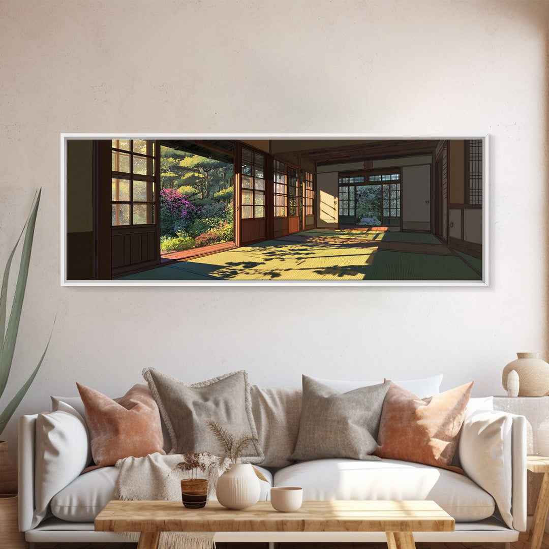 Sunlit Japanese Tatami Garden Room Wall Art, Japandi Home Decor, Zen Landscape Print, Calming Asian Inspired Living Room Decor