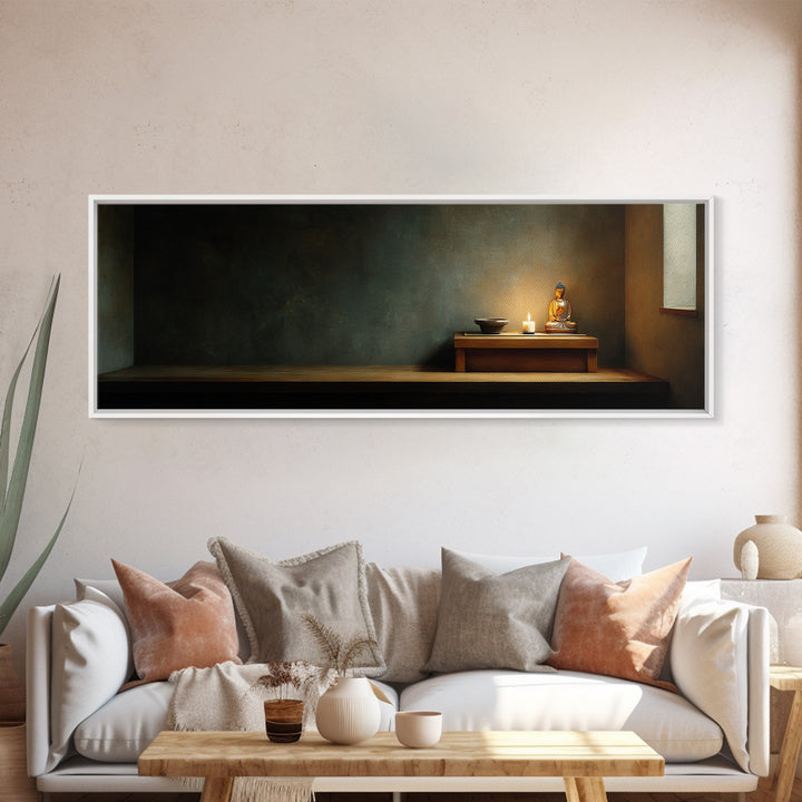 Quiet Buddha Altar With Candle Framed Canvas Print, Calming Meditation Room Wall Art, Zen Home Decor, Spiritual Gift For Her