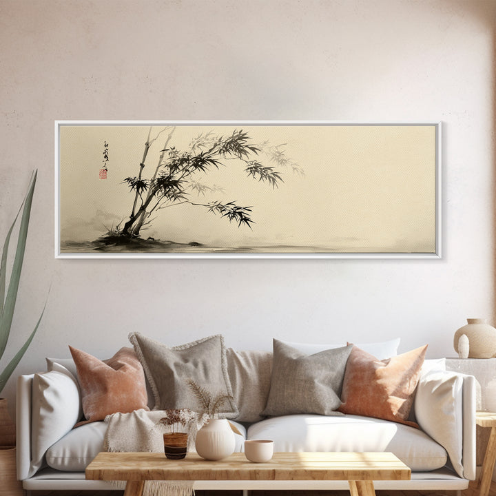 Japanese Bamboo Ink Painting Wall Art, Minimalist Sumi Canvas Print, Zen Botanical Decor, Neutral Japandi Wall Decor Print