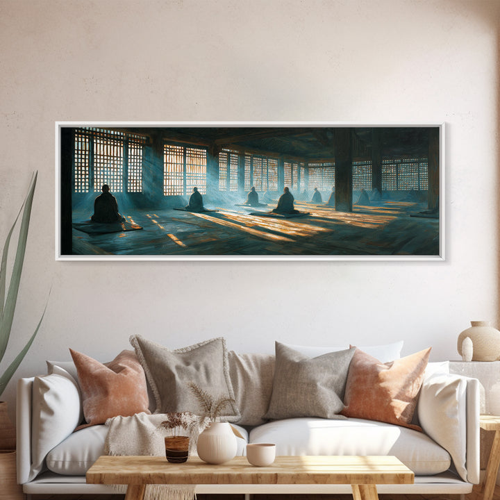 Meditation Hall With Monks And Sunbeams Wall Art, Zen Framed Canvas Print, Spiritual Decor, Yoga Studio, Prayer Room Art