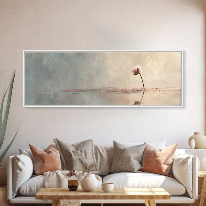 Single Lotus On Still Water Wall Art, Minimalist Floral Canvas Print, Neutral Zen Decor, Japandi Meditation Room Art Print