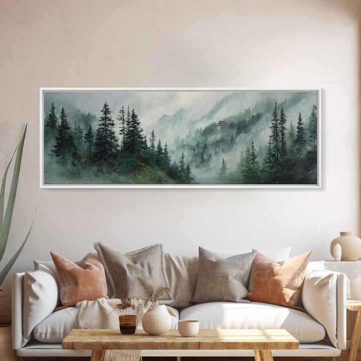 Misty Pine Mountain Temple Wall Art, Foggy Evergreen Forest Landscape, Japandi Nature Decor, Long Horizontal Canvas Print
