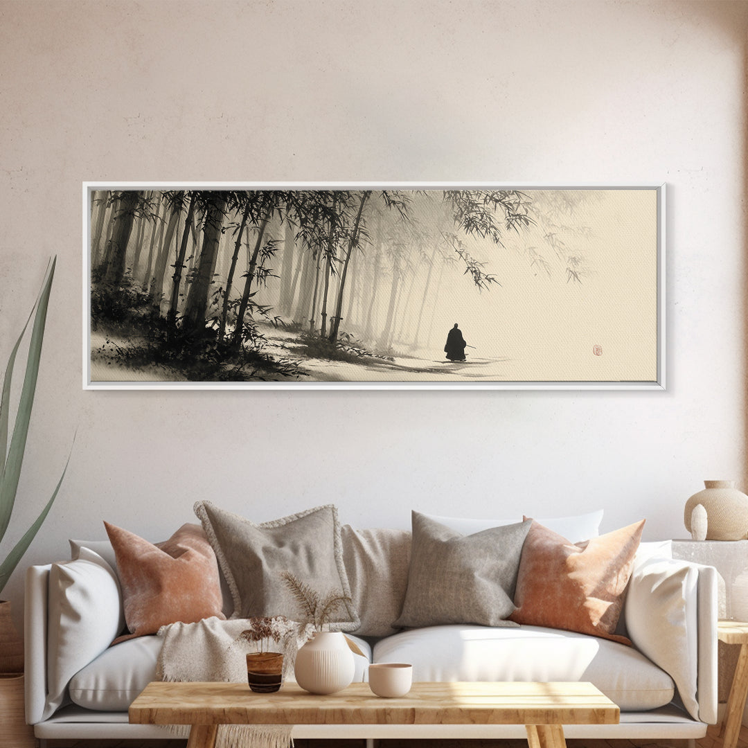 Misty Bamboo Forest Monk In Ink Wash Framed Canvas Print, Japanese Wall Art, Zen Meditation Decor, Japandi Home Decor, Calming Wall Decor