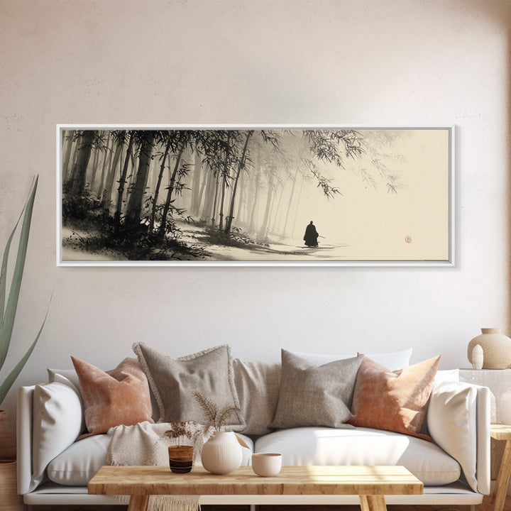 Misty Bamboo Forest Monk In Ink Wash Framed Canvas Print, Japanese Wall Art, Zen Meditation Decor, Japandi Home Decor, Calming Wall Decor