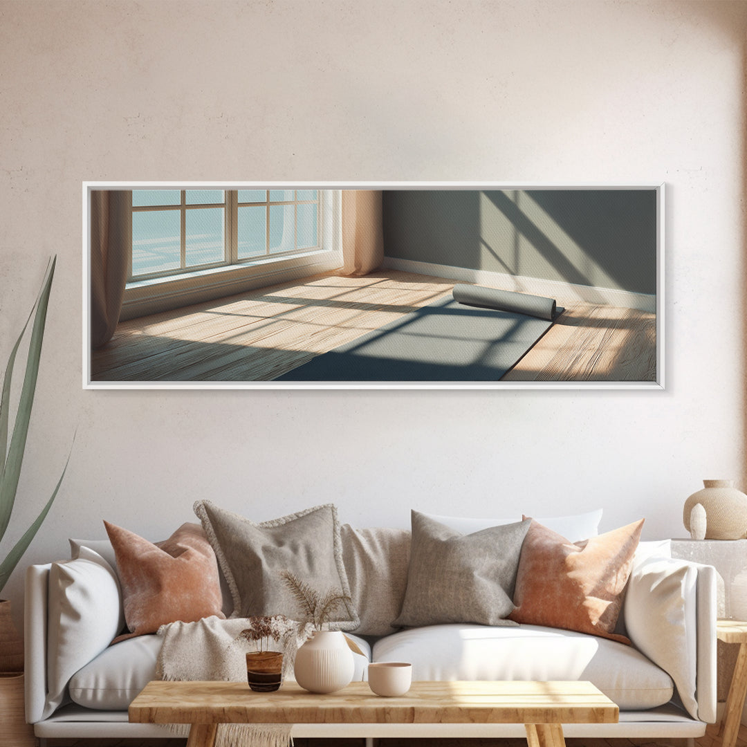 Sunlit Yoga Mat By Window Canvas Print, Calm Minimalist Fitness Studio Wall Art, Modern Wellness Room And Home Gym Decor