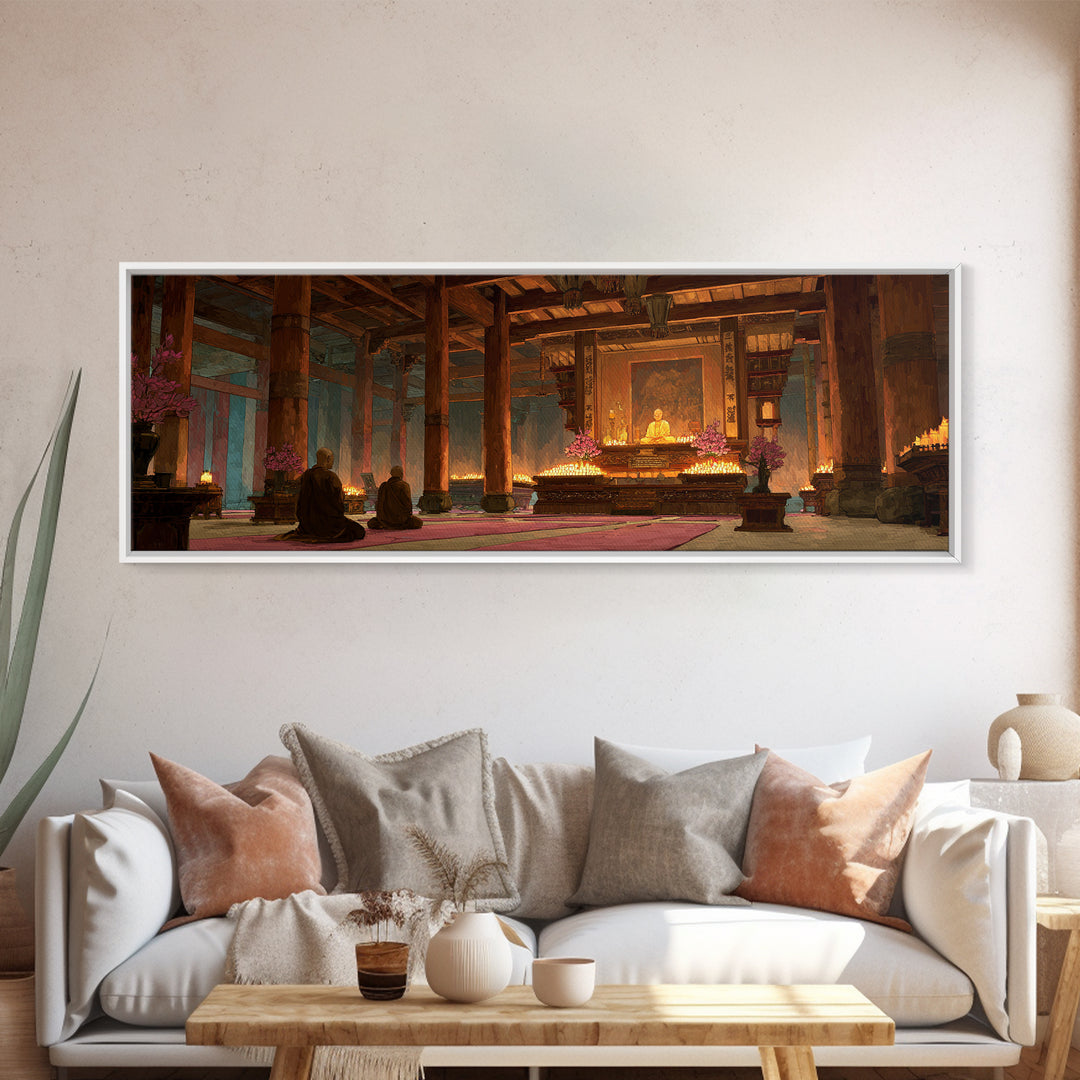 Candlelit Buddhist Temple Meditation Wall Art, Zen Canvas Print For Yoga Room Decor, Spiritual Home Decor And Prayer Room