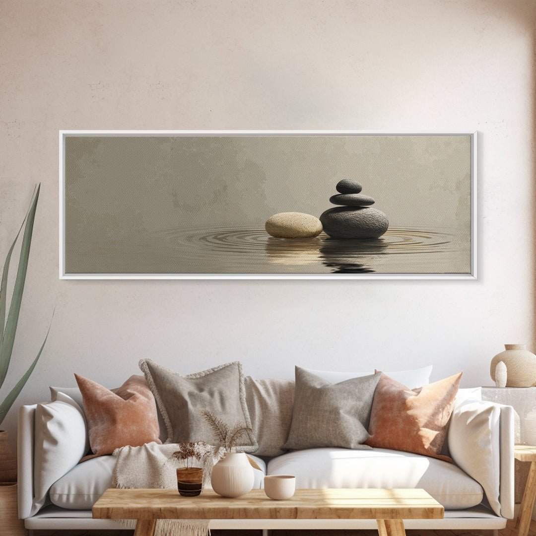 Zen Stacked Stones Framed Canvas Print, Neutral Water Reflection, Minimalist Spa Wall Art, Calm Japandi Meditation Room Home Decor