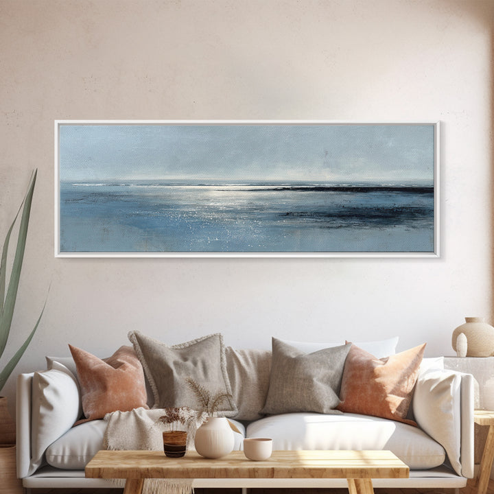Misty Blue Ocean Horizon Wall Art, Coastal Seascape Canvas Print, Minimalist Beach Decor, Large Horizontal Living Room Art Print
