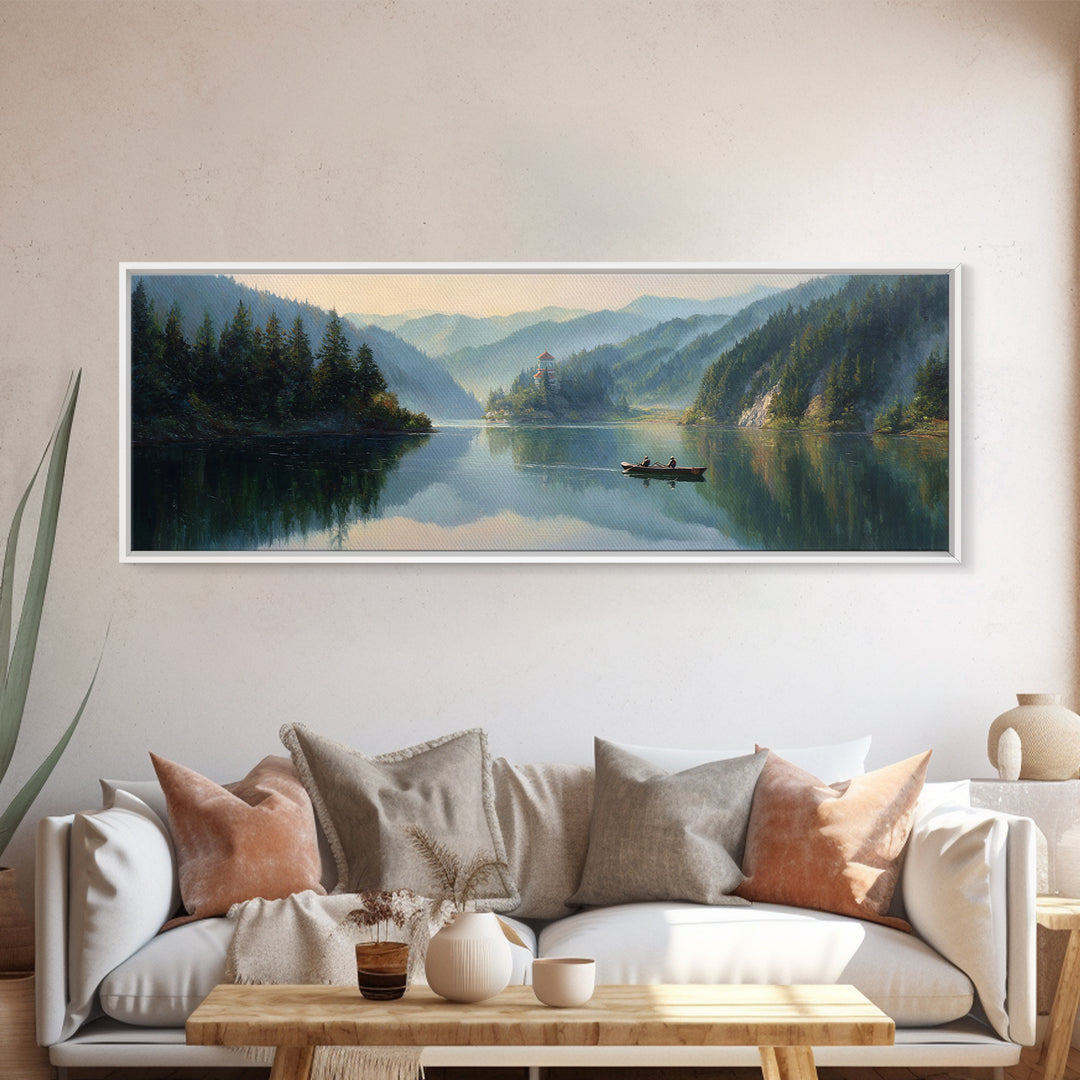 Misty Mountain Lake Boat Wall Art, Serene Landscape Canvas Print, Cabin Decor, Nature Painting, Large Living Room Decor, Housewarming Gift