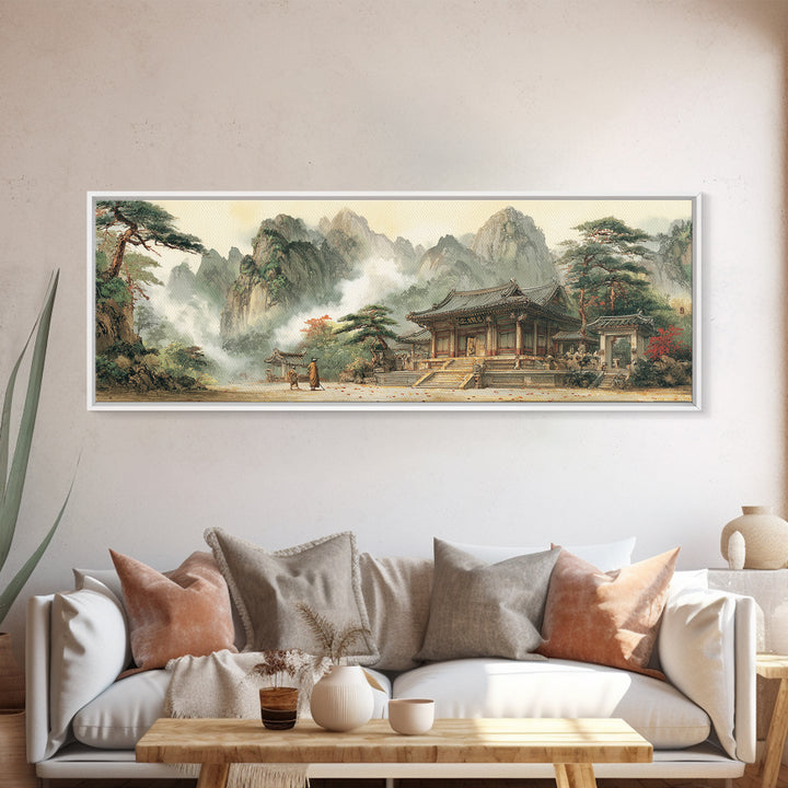 Korean Mountain Temple Wall Art, Asian Landscape Canvas Print, Zen Wall Decor, Traditional Home Art, Fine Art Print, Meditation Room Art
