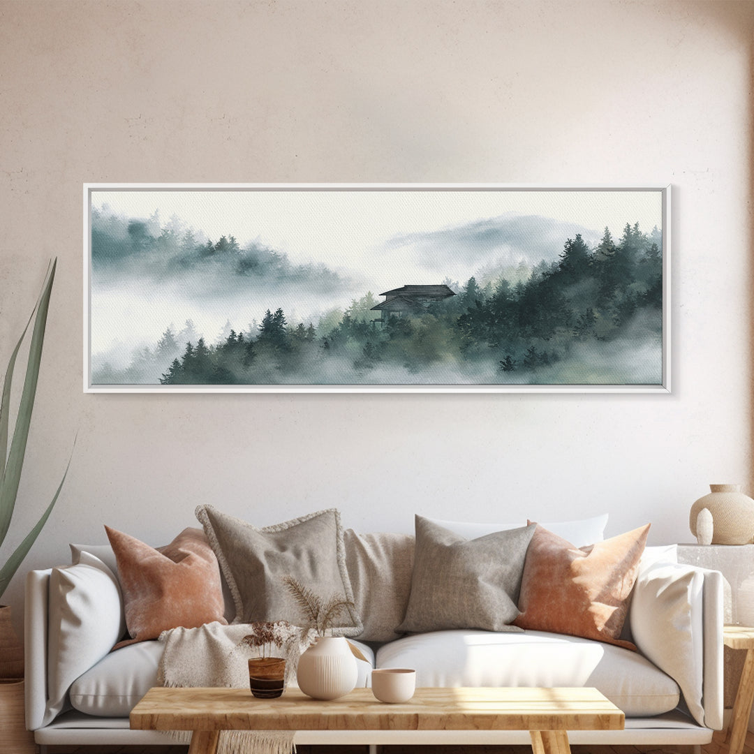 Misty Forest Cabin In Mountain Fog Wall Art, Japandi Landscape Print, Calming Nature Decor, Neutral Home Decor For Living Room