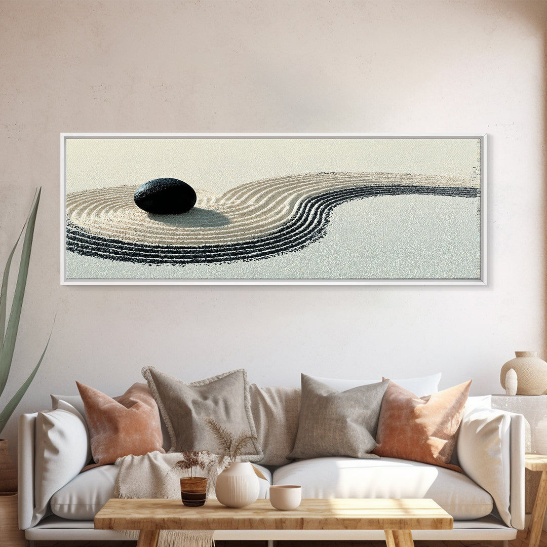 Black Stone Zen Garden Wall Art, Minimalist Sand Ripple Canvas Print, Japandi Spa Decor, Neutral Meditation Room Poster Print