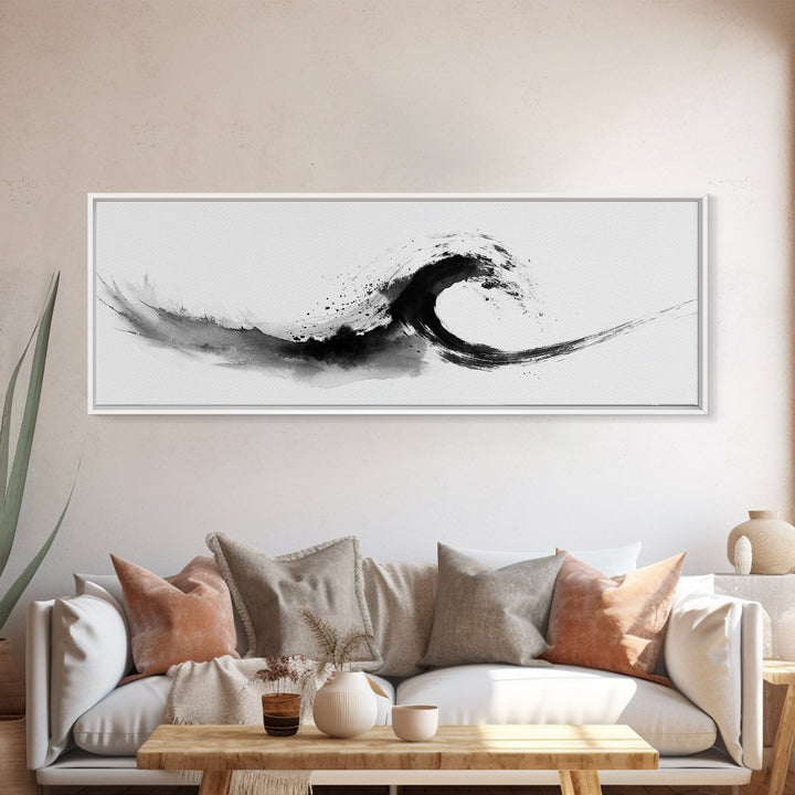 Black Ink Wave Minimalist Seascape Wall Art, Japanese Sumi Ocean Print, Coastal Zen Decor, Modern Black And White Art, Long Horizontal Art