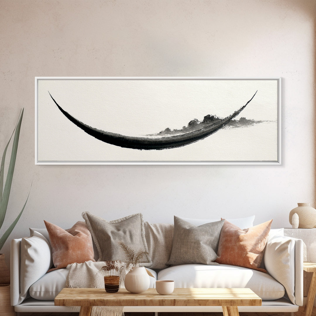 Minimal Black Ink Boat Wall Art, Japanese Zen Canvas Print, Monochrome Abstract, Wabi Sabi Decor, Long Horizontal Art Print