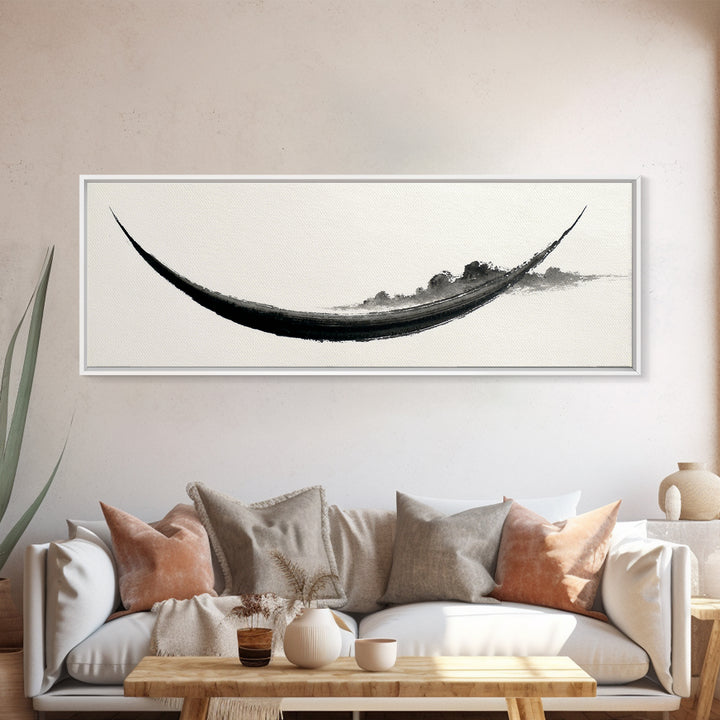Minimal Black Ink Boat Wall Art, Japanese Zen Canvas Print, Monochrome Abstract, Wabi Sabi Decor, Long Horizontal Art Print