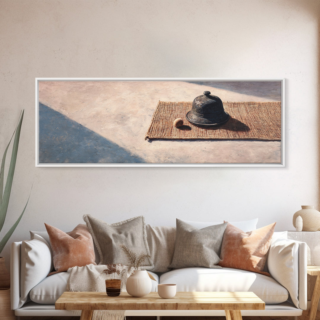 Sunlit Cloche On Woven Mat Canvas Print, Minimalist Still Life Wall Art, Rustic Kitchen Decor, Neutral Modern Home Decor