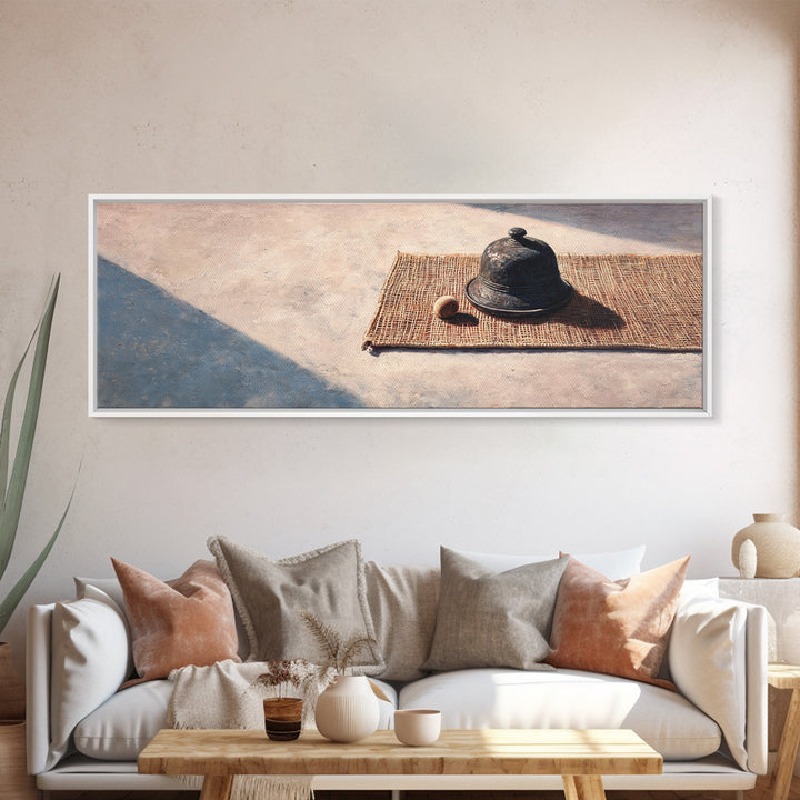 Sunlit Cloche On Woven Mat Canvas Print, Minimalist Still Life Wall Art, Rustic Kitchen Decor, Neutral Modern Home Decor