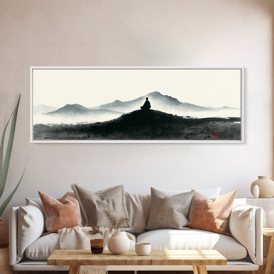 Minimalist Monk Mountain Wall Art, Japanese Ink Wash Landscape, Zen Meditation Decor, Black And White Framed Canvas Print