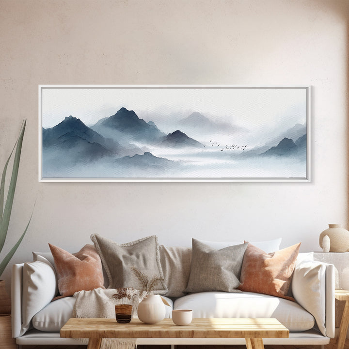 Misty Ink Mountain Landscape Canvas Print, Minimalist Japanese Wall Art, Black And White Zen Decor, Calming Office Art Print