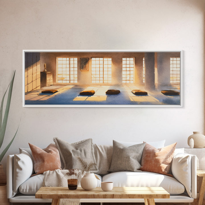 Sunlit Meditation Room With Floor Cushions Canvas Print, Zen Wall Art, Yoga Studio Decor, Calm Minimalist Spa Home Decor