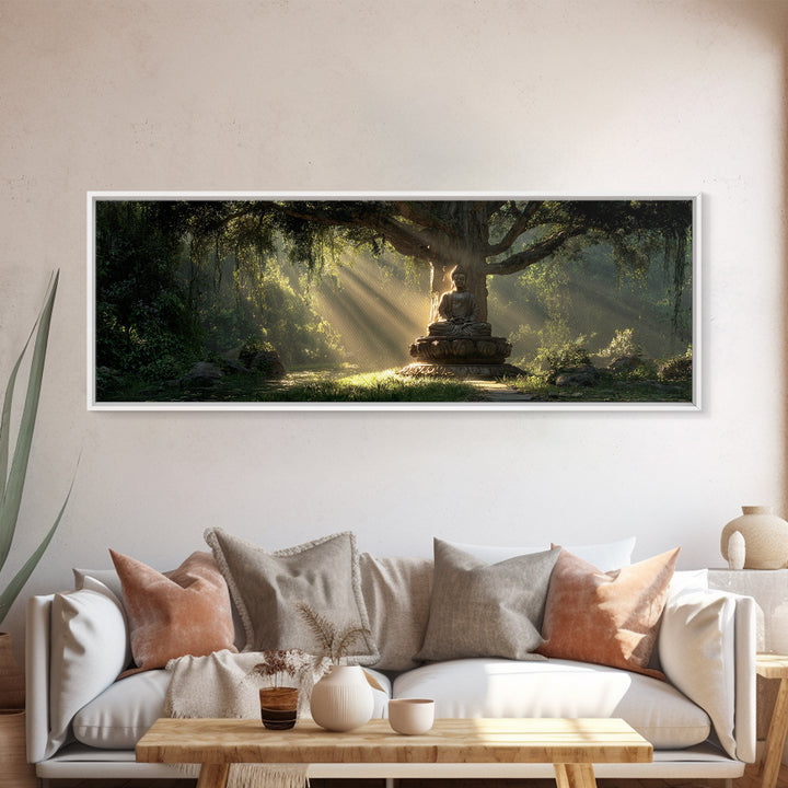 Buddha Statue In Sunlit Forest Wall Art, Zen Meditation Canvas Print, Spiritual Home Decor, Calming Nature Artwork Gift Idea