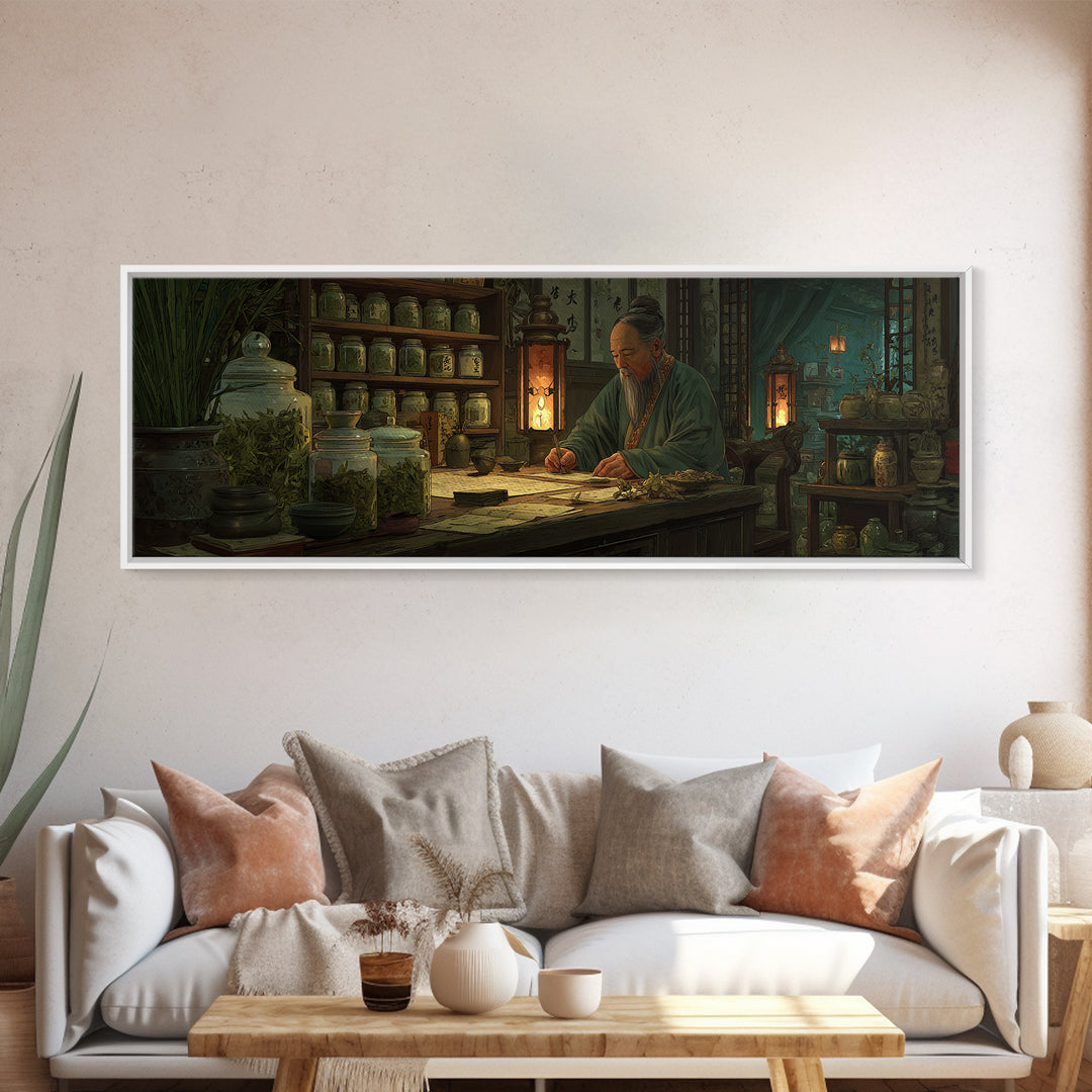 Asian Herbalist Apothecary Framed Canvas Print, Japanese Wall Art, Traditional Medicine Decor, Calligraphy, Moody Office Art
