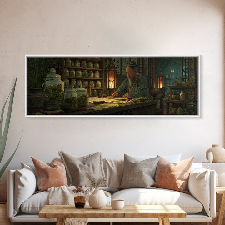 Asian Herbalist Apothecary Framed Canvas Print, Japanese Wall Art, Traditional Medicine Decor, Calligraphy, Moody Office Art
