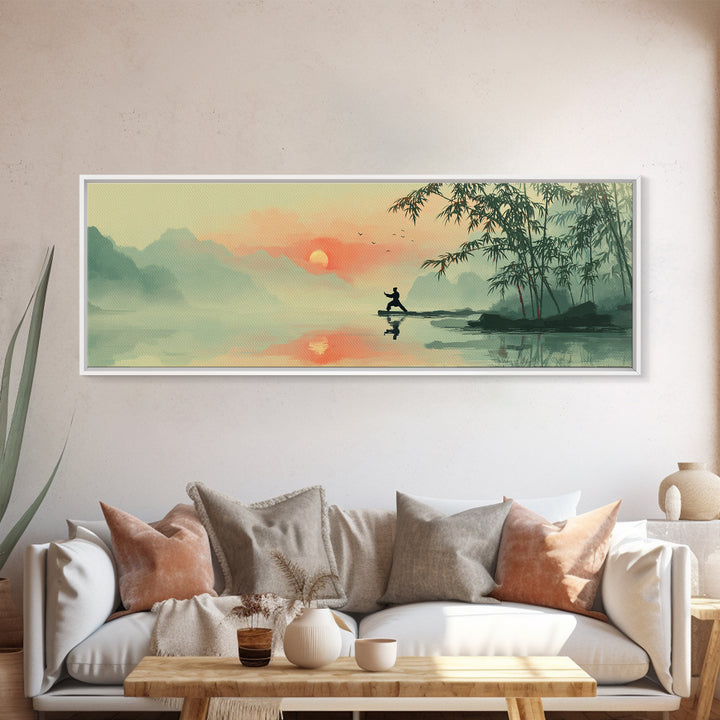 Misty Asian Lake Fisherman Wall Art, Zen Sunrise Landscape Canvas Print, Japanese Bamboo Decor, Peaceful Meditation Room Art