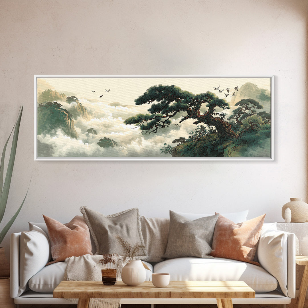 Misty Pine Mountain Landscape Wall Art, Asian Zen Framed Canvas Print, Japandi Nature Decor For Living Room And Office Home Decor
