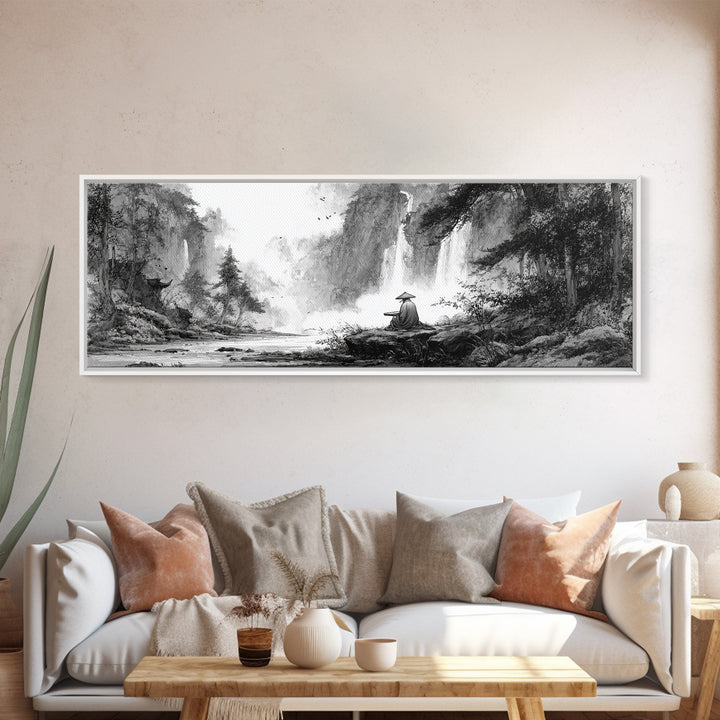 Black And White Waterfall Monk Wall Art, Japanese Landscape Print, Zen Meditation Decor, Nature Art For Office Or Living Room