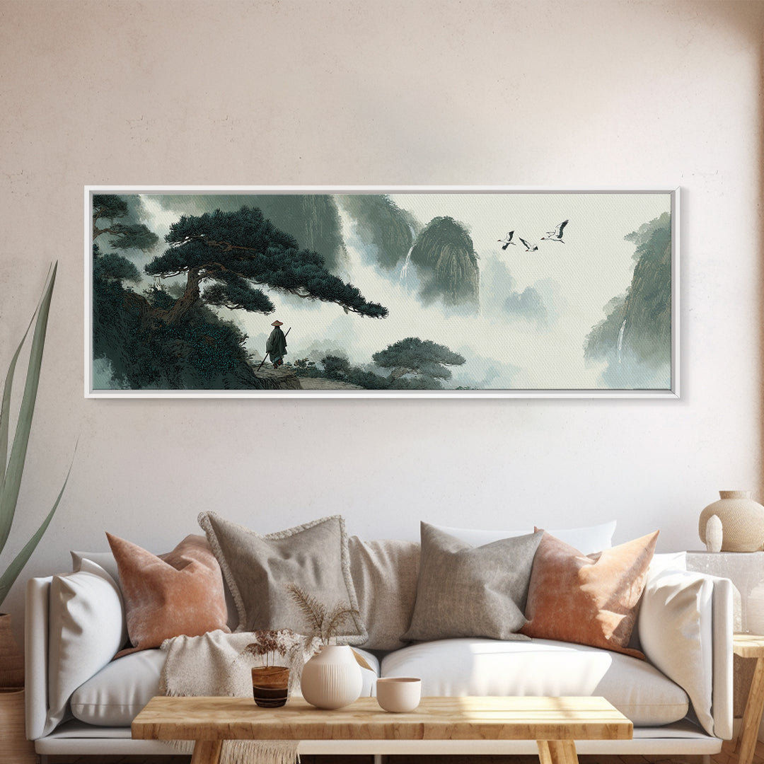 Misty Mountain Pine Landscape Wall Art, Japanese Ink Style Canvas, Zen Nature Print, Panoramic Living Room Decor, Calming Office Decor