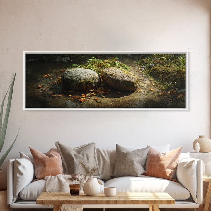 Mossy Stream Stones Nature Wall Art, Framed Canvas Print, Zen Spa Decor, Calming Landscape Art For Living Room And Office