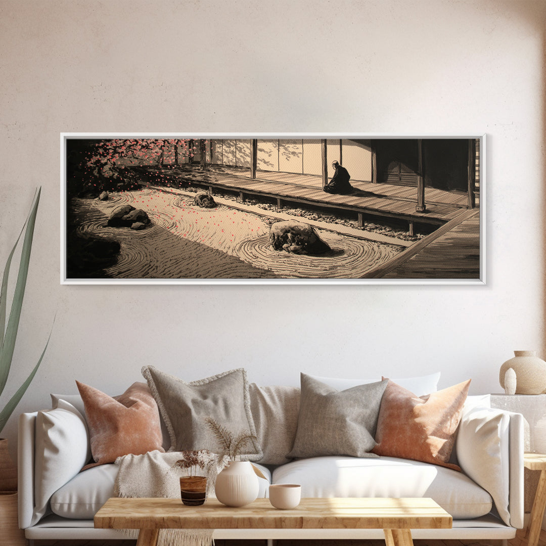 Japanese Zen Garden With Monk Canvas Print, Minimalist Sand Rake Wall Art, Japandi Meditation Decor For Tea Room And Home Decor