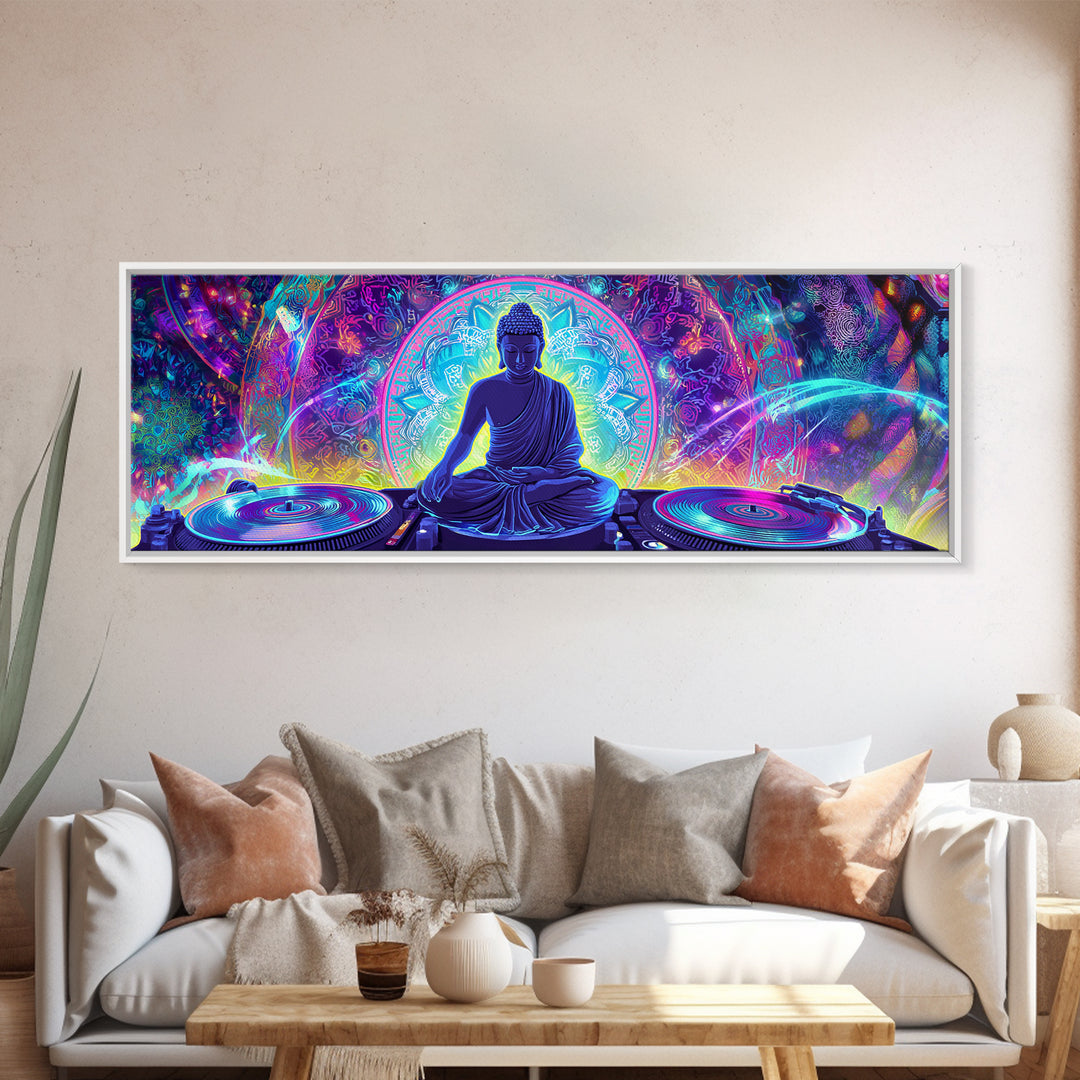 Neon Buddha DJ Canvas Print, Psychedelic Meditation Wall Art, Spiritual Decor, Yoga Studio, Music Room, Vibrant Home Decor
