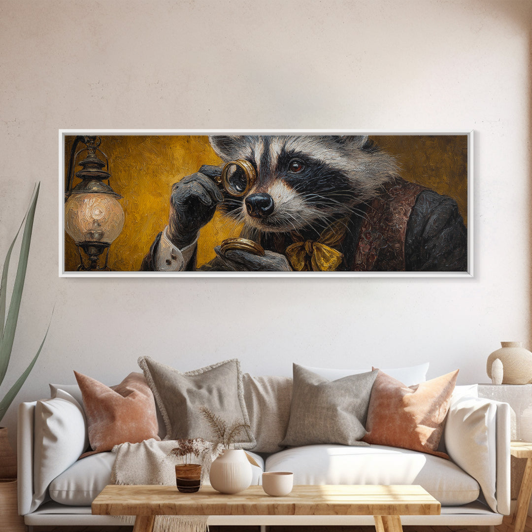 Victorian Raccoon With Monocle Canvas Print, Whimsical Animal Portrait Wall Art, Steampunk Office Decor, Quirky Gift For Him