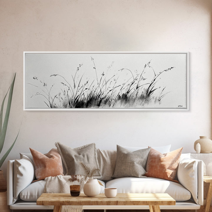 Minimalist Grass Ink Wall Art, Black And White Botanical Canvas Print, Japandi Decor, Neutral Wall Decor, Above Bed Art Print