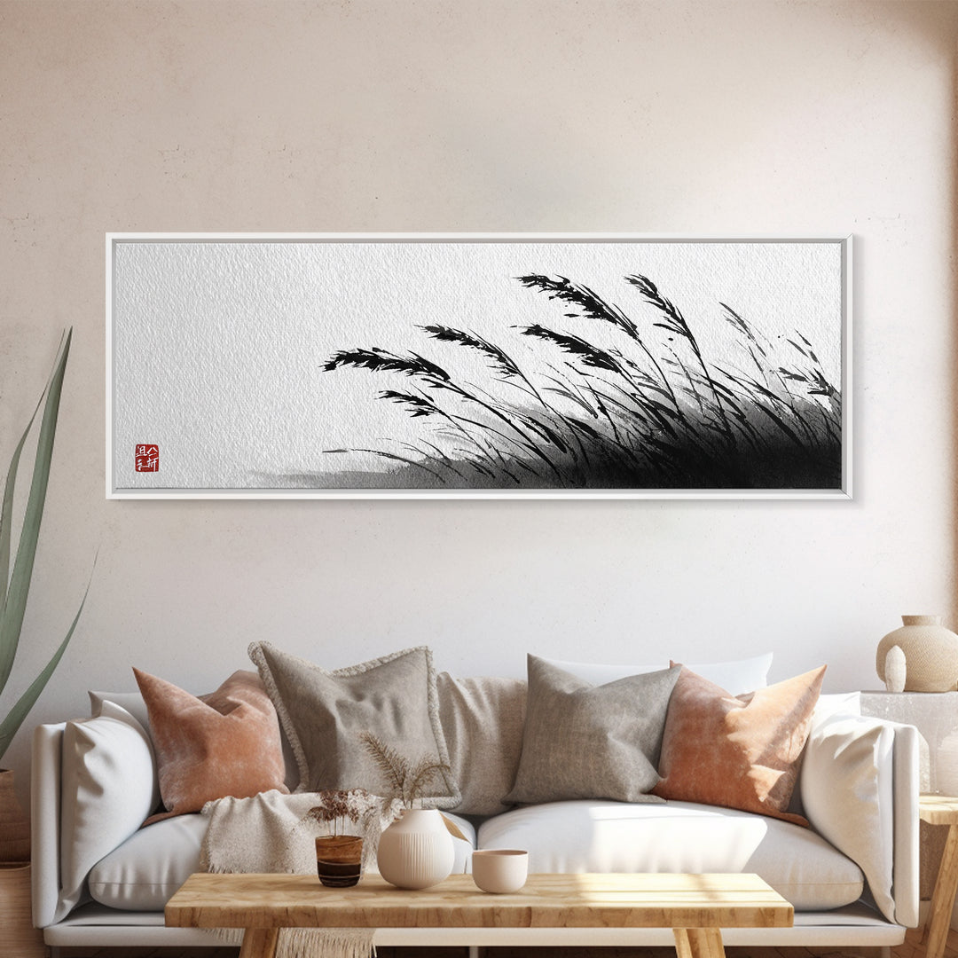 Minimal Ink Grass Reeds Canvas Print, Black And White Japandi Nature Wall Art For Calm Bedroom Decor And Zen Home Decor Print