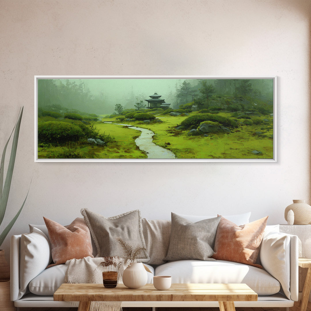 Misty Japanese Garden Path Wall Art, Pagoda Landscape Canvas Print, Zen Home Decor, Japandi Wall Decor, Calming Wall Art