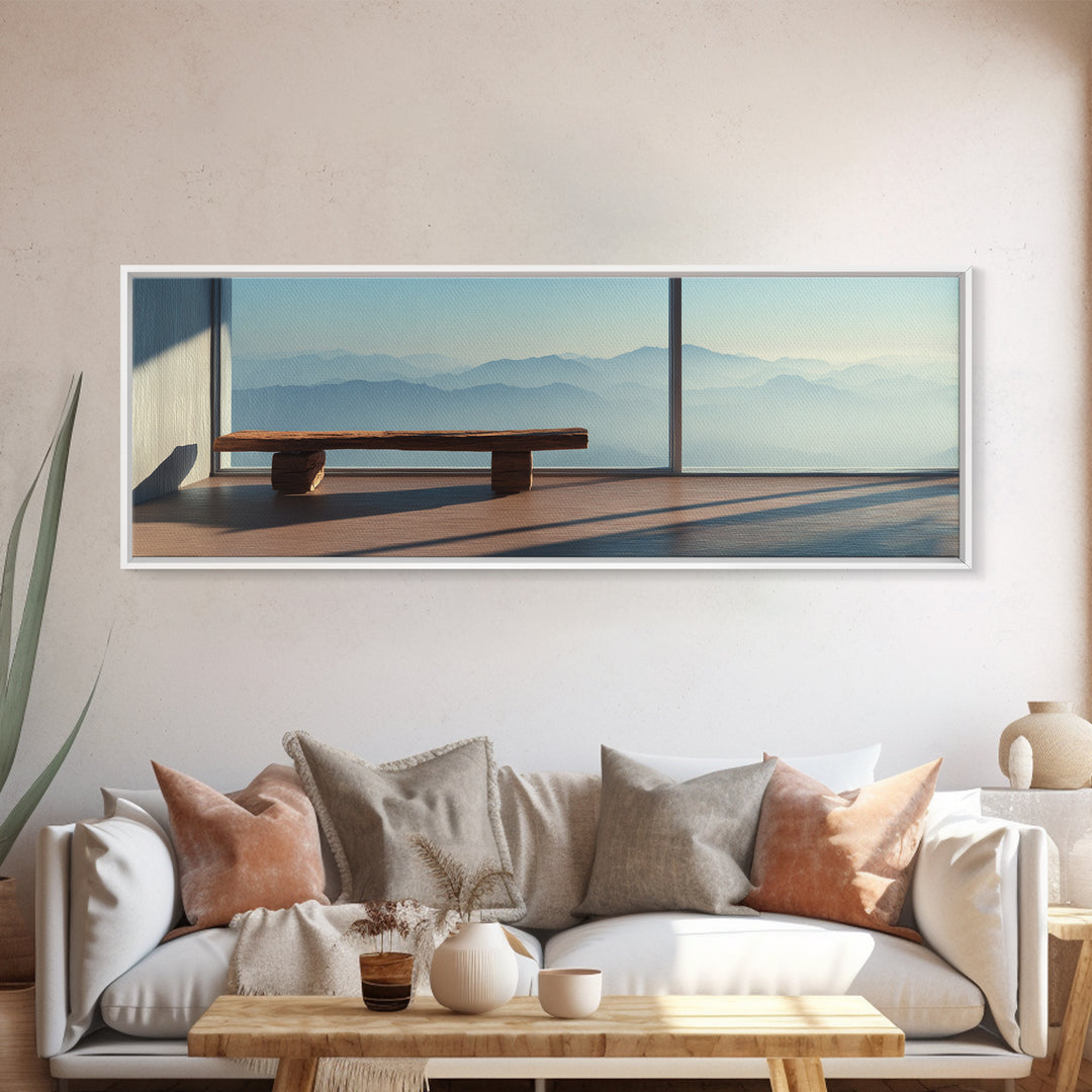 Minimal Mountain View Zen Bench Framed Canvas Print, Japandi Wall Art, Neutral Home Decor, Calming Office Decor, Living Room Decor
