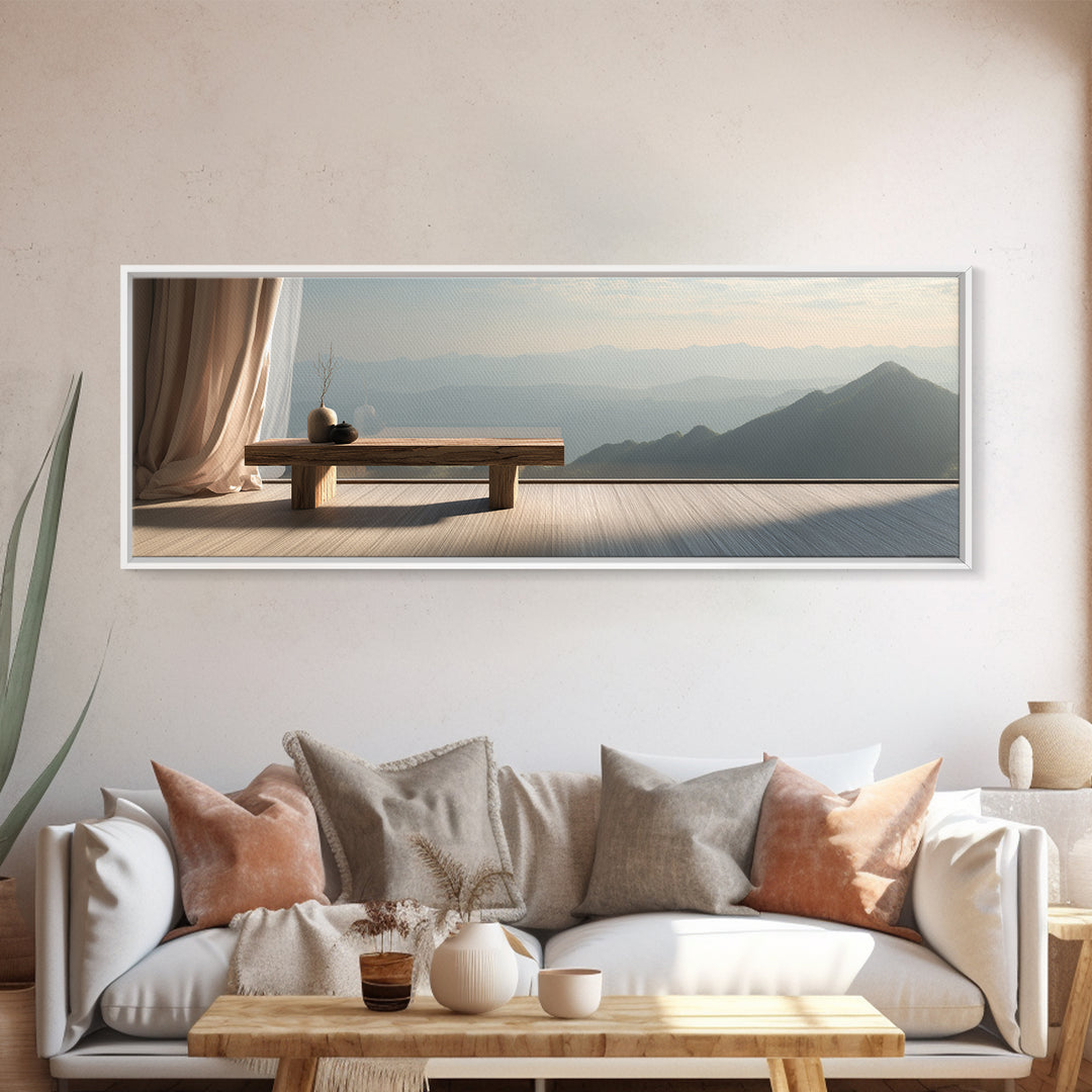 Minimalist Zen Bench Mountain View Wall Art, Japandi Interior Canvas Print, Neutral Bedroom Decor, Calming Home Gift For Her