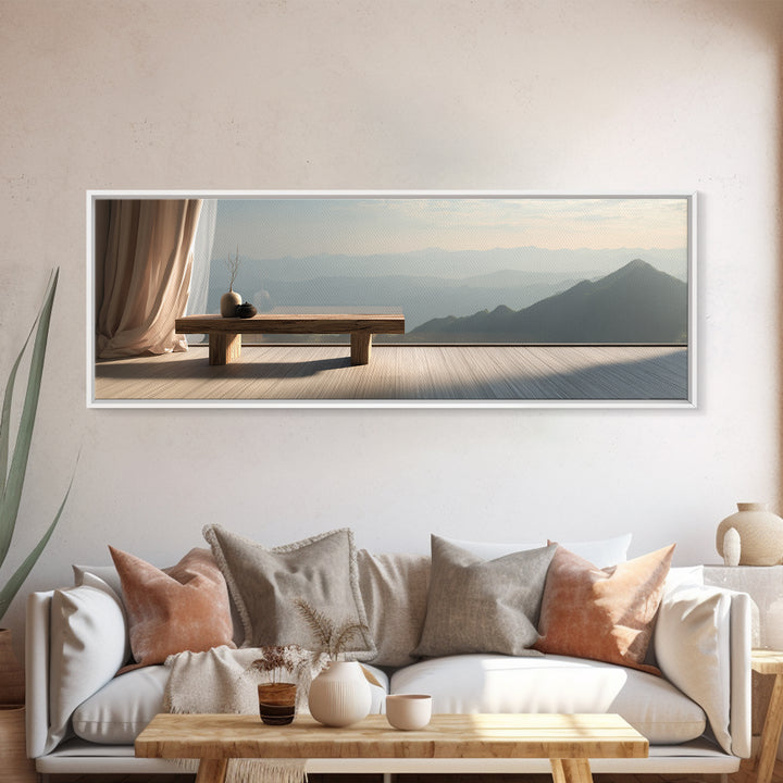 Minimalist Zen Bench Mountain View Wall Art, Japandi Interior Canvas Print, Neutral Bedroom Decor, Calming Home Gift For Her