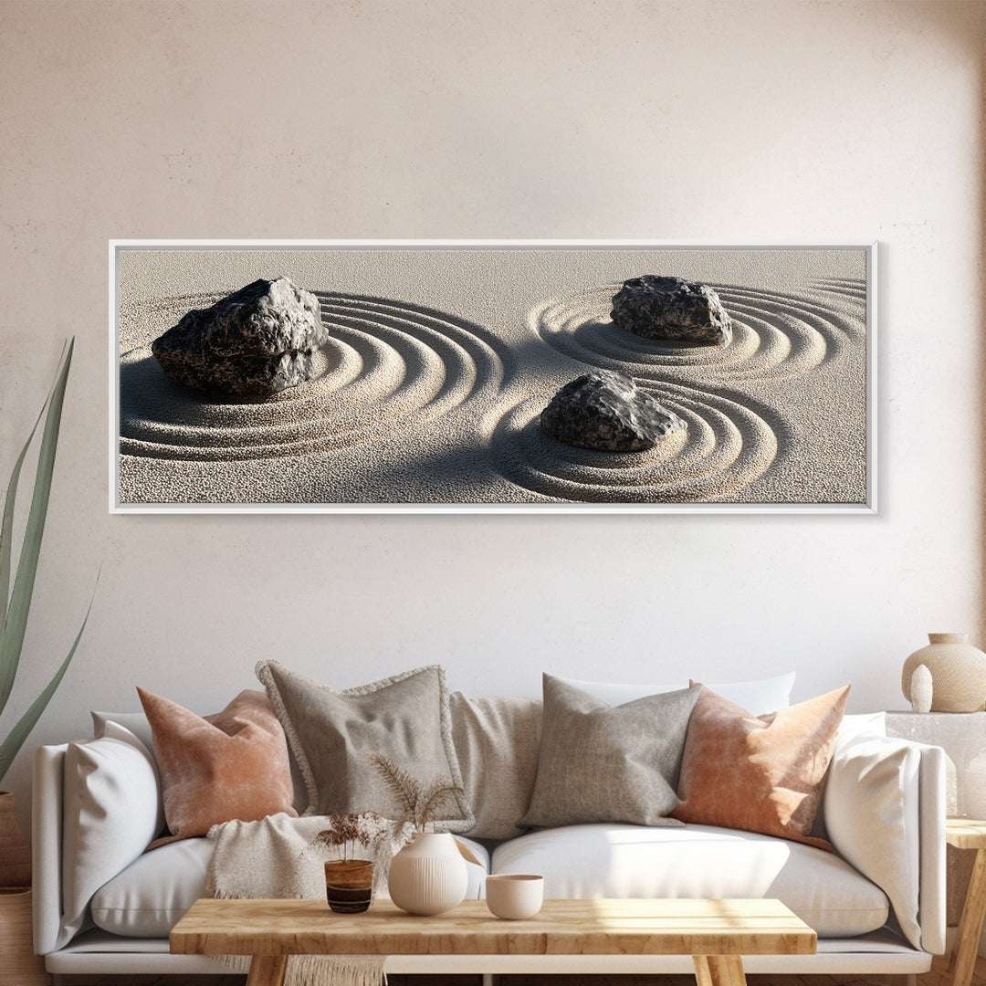 Raked Zen Sand Garden Rocks Canvas Print, Japandi Wall Art, Neutral Minimalist Decor For Meditation Room And Spa Home Decor