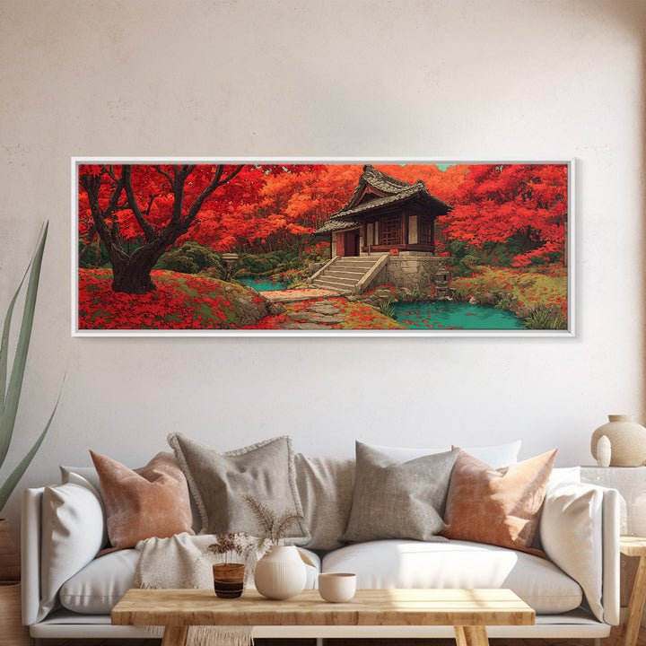 Red Maple Temple And Teal Pond Wall Art, Japanese Landscape, Autumn Forest Decor, Zen Home Decor, Panoramic Canvas Print